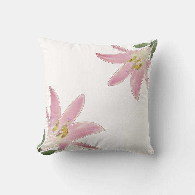 Coussin Fleurs Amaryllis or Rose clair sur blanc (Recto)