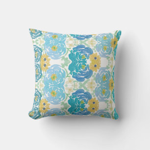 Coussin Fleurs aquarelles bleues et jaunes