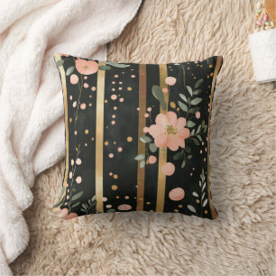 Coussin Fleurs aquarelles bohèmes rayures or rose noir