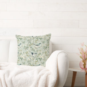 Coussin Fleurs aquarelles boho en sauge et oiseaux crème