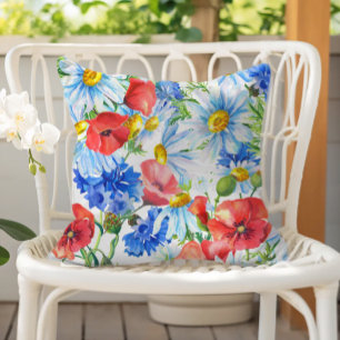 Coussin Fleurs aquarelles d'été bleu rouge jaune