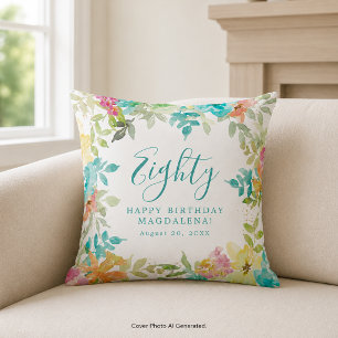 Coussin Fleurs aquarelles d'été personnalisées pour 80e an
