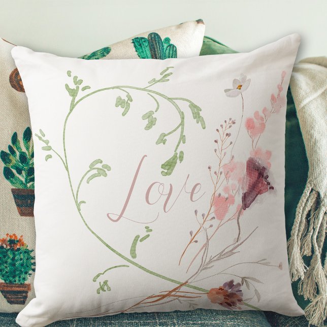 Coussin Fleurs aquarelles douces d'amour Romantique  (Love Soft Watercolor Flowers Romantic Throw Pillow ©Susanne Sachers - Sunny Mind Design)
