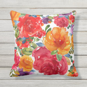Coussin Fleurs aquarelles estivales audacieuses rouge oran