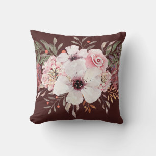 Coussin Fleurs aquarelles modernes rose burgundy
