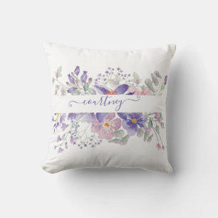Coussin Fleurs aquarelles personnalisées rose et violet