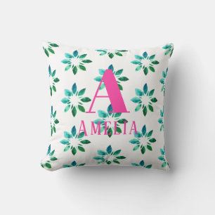 Coussin Fleurs aquarelles rétro vert monogramme rose vif