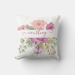 Coussin Fleurs aquarelles rose et pêche personnalisées 