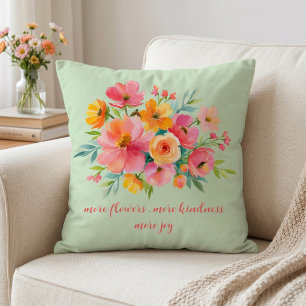 Coussin Fleurs aquarelles rose jaune Citation de bonté sag