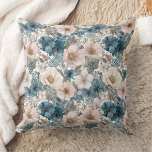 Coussin Fleurs aquarelles vintage bleu rose