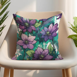 Coussin Fleurs aquarelles violettes feuilles vert émeraude