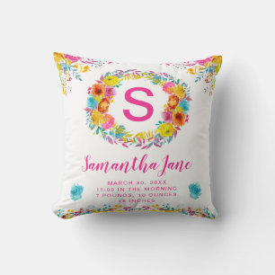 Coussin Fleurs bébé aquarelle bleu, jaune et rose