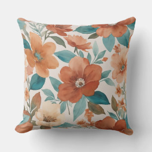 Coussin Fleurs beige, turquoise et rouille