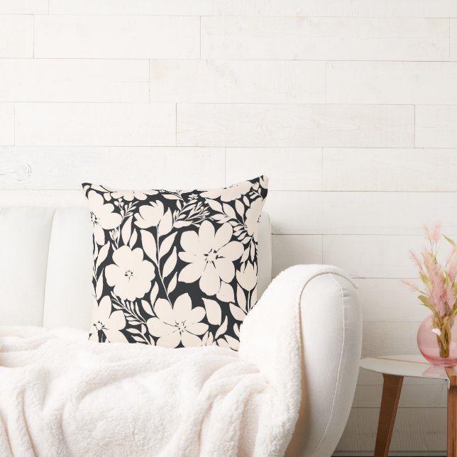 Coussin Fleurs beiges modernes Botanique noire (Canapé)