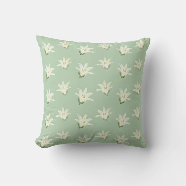 Coussin Fleurs blanches Amaryllis sur vert clair (Recto)