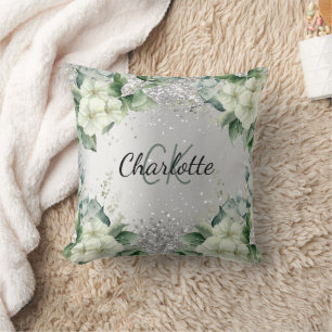 Coussin Fleurs blanches argentées nom monogramme élégant