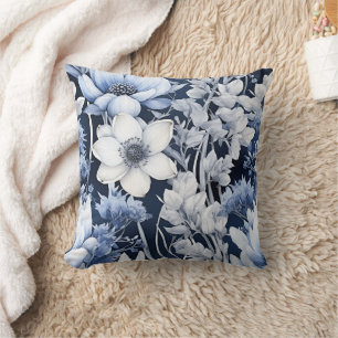 Coussin Fleurs blanches bleues poussiéreuses hiver Navy