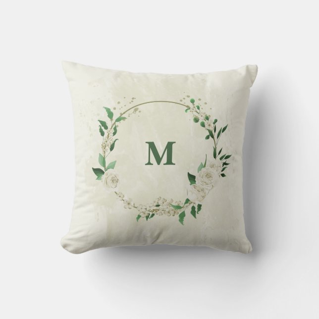 Coussin fleurs blanches ivoire verdure (Recto)