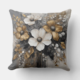 Coussin Fleurs blanches noires gris or