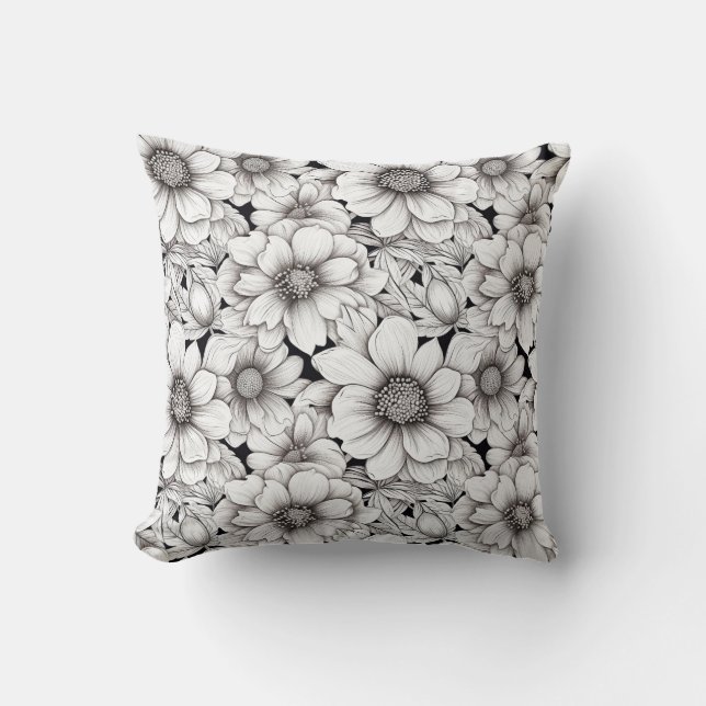 Coussin Fleurs blanches noires Jardin neutre Botanique (Recto)