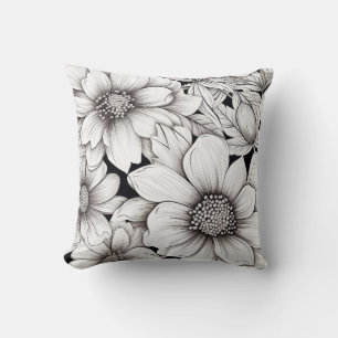 Coussin Fleurs blanches noires Ligne d'art main