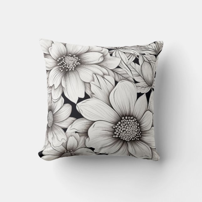 Coussin Fleurs blanches noires Ligne d'art main (Recto)