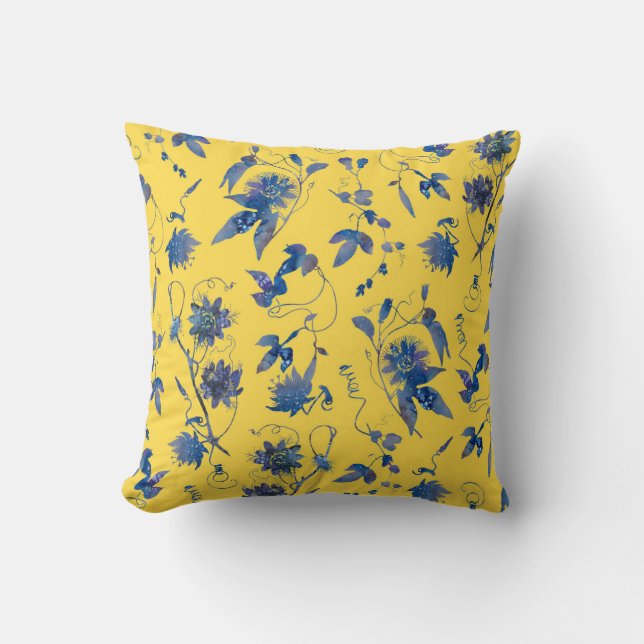 Coussin Fleurs Bleues Élégantes Modernes Mustard Jaune (Recto)