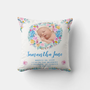 Coussin Fleurs bleues et blush à l'aquarelle Photo de bébé