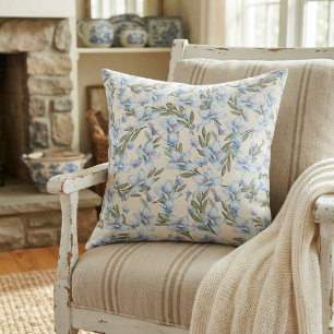 Coussin Fleurs bleues et feuilles vertes de style vintage