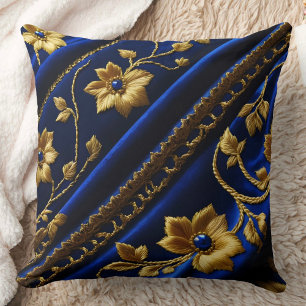 Coussin Fleurs bleues et or en broderie factice vintage