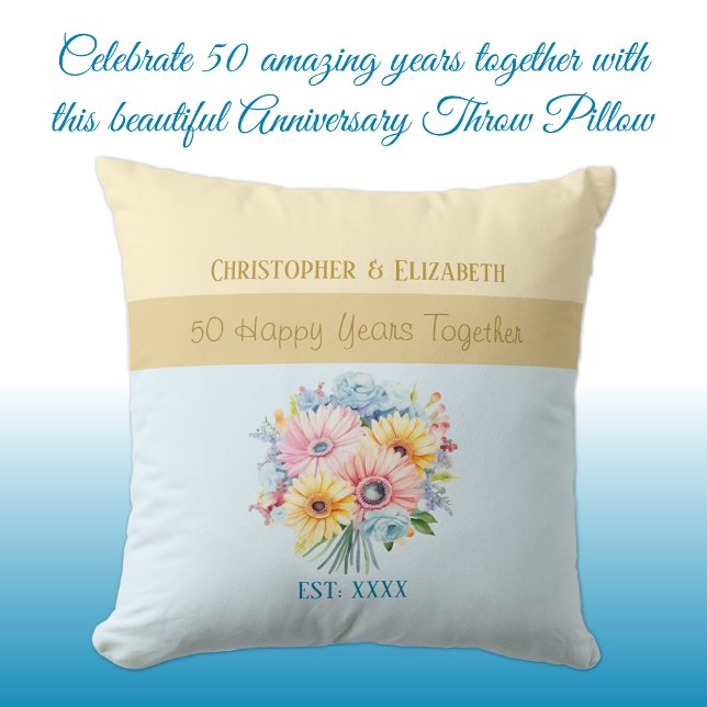 Coussin Fleurs bleues pour 50 ans d'or de mariage (Créateur téléchargé)