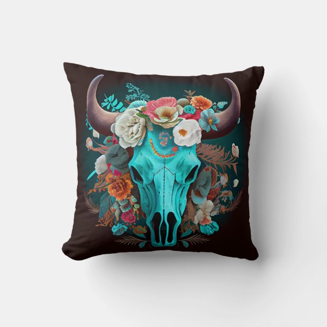 Coussin Fleurs Boho Occidentales Taureau de vache Turquois (Recto)