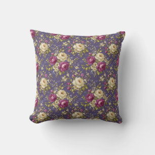 Coussin Fleurs Botaniques Vintage Pourpre & Crème