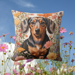 Coussin Fleurs Brown De Dachshund Et Cosmos
