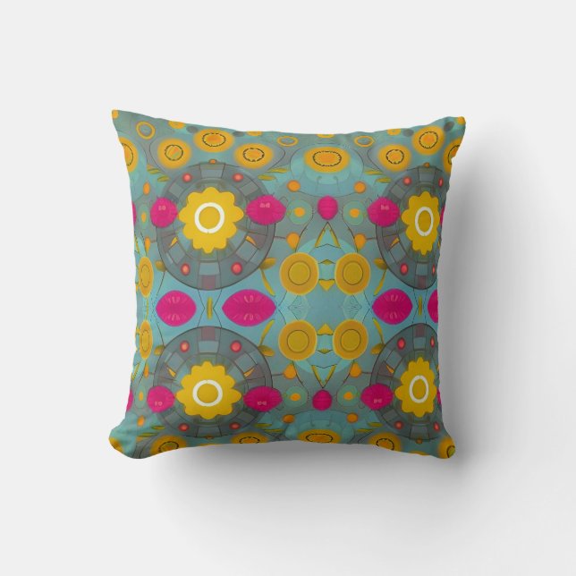 Coussin Fleurs circulaires orange fuchsia vert (Recto)