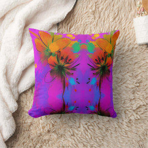 Coussin Fleurs colorées d'aquarelle fuchsia orange violet