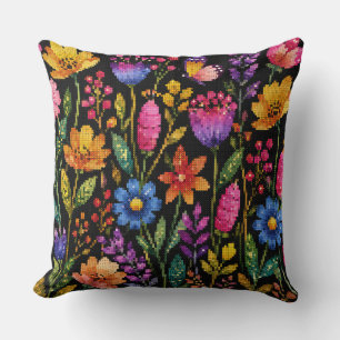 Coussin Fleurs Colorées et Vibrantes sur Fond Noir