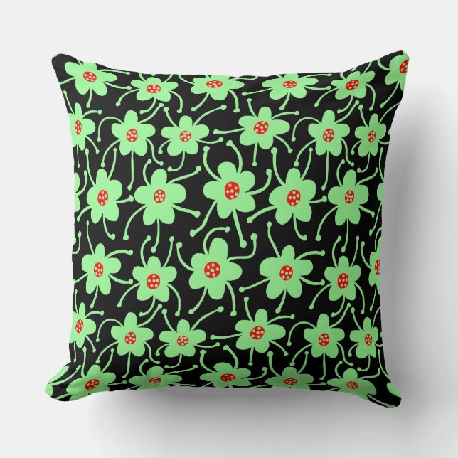Coussin Fleurs concurrentes - Mint vert et rouge sur noir (Recto)