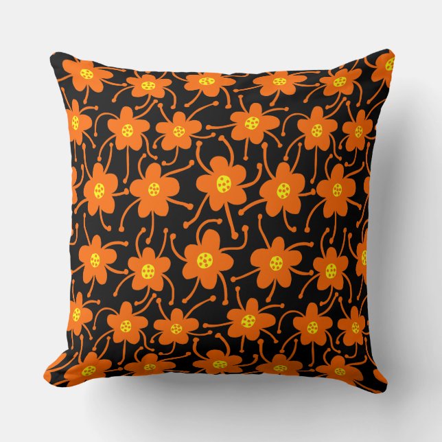 Coussin Fleurs concurrentes - orange et jaune sur noir (Recto)