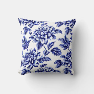 Coussin Fleurs Dahlia Bleues et Blanches Toile de Jouy