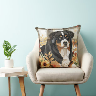 Coussin Fleurs d'aquarelle bernoises de la chute de chien