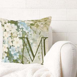 Coussin Fleurs d'aquarelle bleu blanc personnalisées
