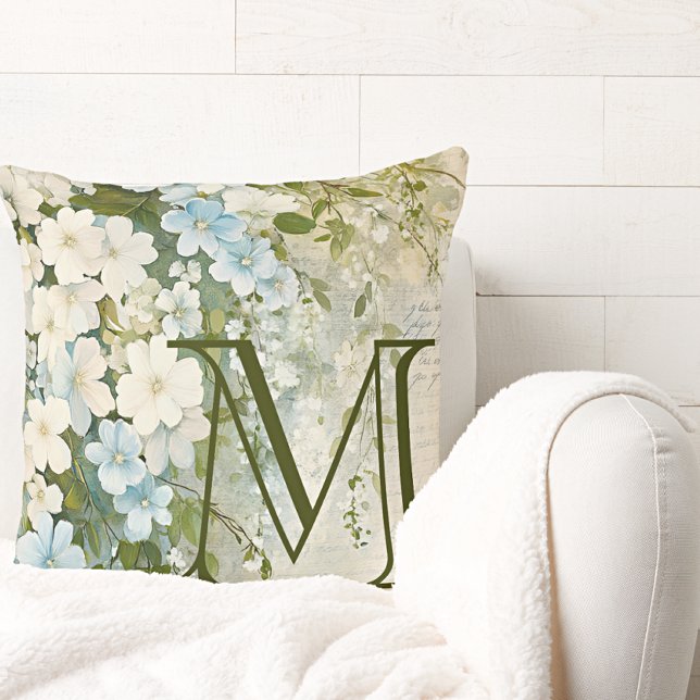 Coussin Fleurs d'aquarelle bleu blanc personnalisées (Créateur téléchargé)