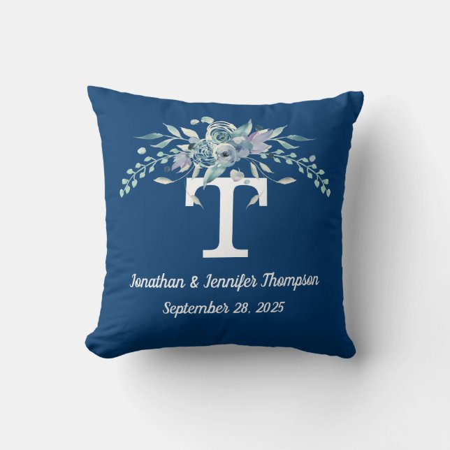 Coussin Fleurs d'aquarelle bleu monogramme personnalisées (Recto)