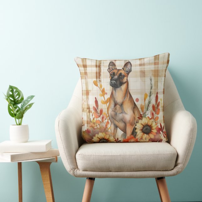 Coussin Fleurs d'aquarelle de automne de chien malinois be (Chaise)