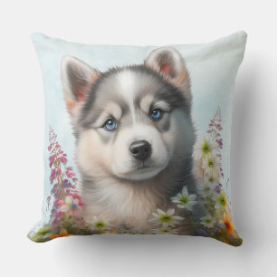 Coussin Fleurs d'aquarelle et chiot sibérien Husky