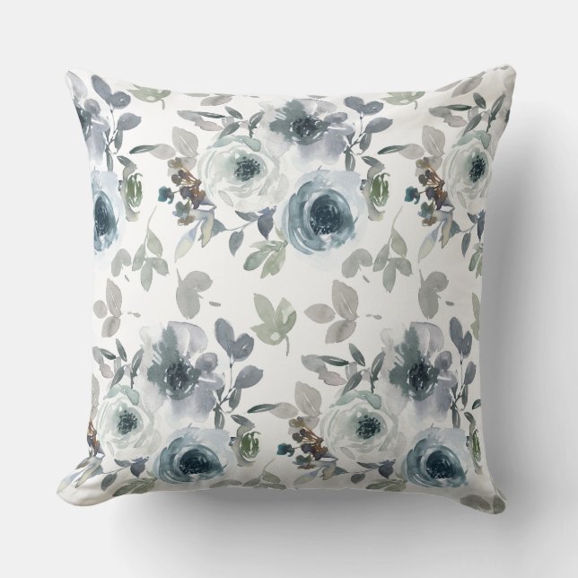 Coussin Fleurs d'aquarelle gris et bleu Jeter l'oreiller (Recto)