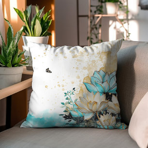 Coussin Fleurs D'Aquarelle Or Et Turquoise Du Milieu Du Si