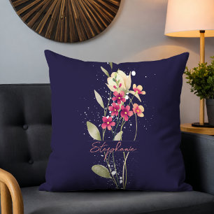 Coussin Fleurs d'aquarelle simple et élégante bleu foncé