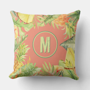 Coussin Fleurs d'aquarelle tropicale Monogramme